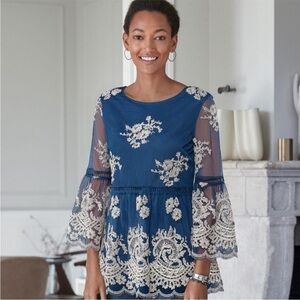 Sundance Navy Blue Lace Overlay Peplum Blouse with Cream Embroidery